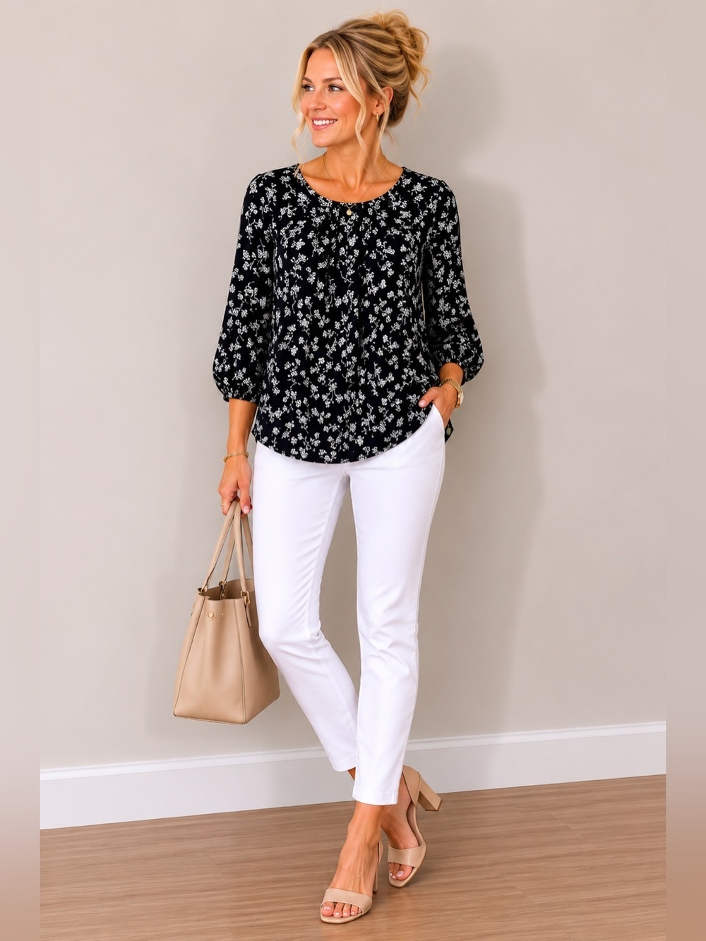NWT 41 Hawthorn Chic Black & White Floral Print Pleat Detail Blouse Size Small